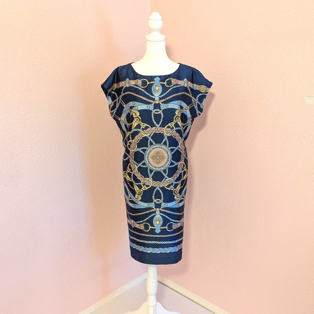 J.McLaughlin Navy Equestrian Chain Print Shift Dress Womens M